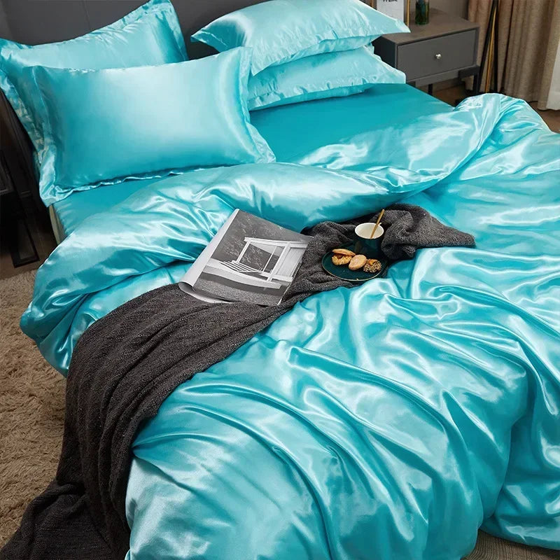 Silky Rayon Bedding Set – Luxury Solid Color Duvet Cover with Sheet & Pillowcases, 6 Colors & 5 Sizes