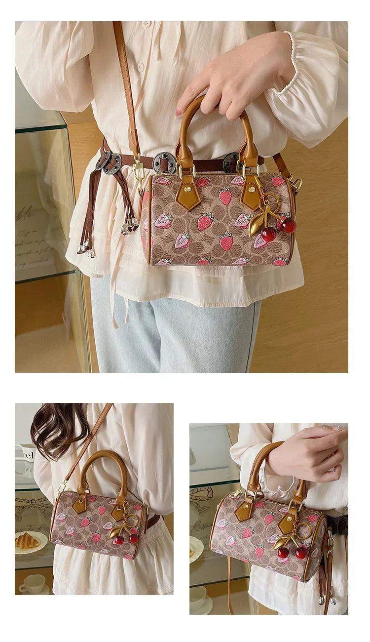 Cherry Print PU Leather Boston Crossbody Shoulder Bag – Luxury Designer Handbag for Women