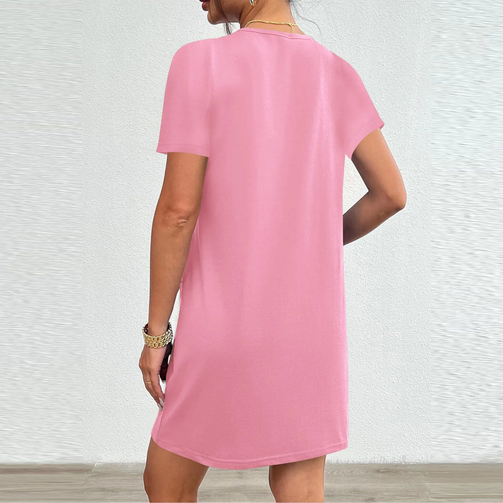 Solid Color Pocket Casual Sports Dress — Short Sleeve O-Neck A-Line Knee-Length Dress
