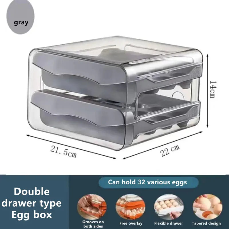 2-Layer Drawer Egg Storage Box – 32-Grid Fridge Egg Organizer, Dust-Proof & Stackable