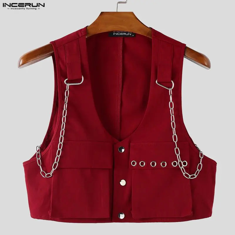 INCERUN Men's V-Neck Sleeveless Crop Vest — Solid Color Streetwear Waistcoat