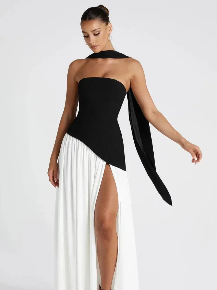 Pleated Off-Shoulder Maxi Dress — High Slit Scarf Slim Fit Evening Party Dress