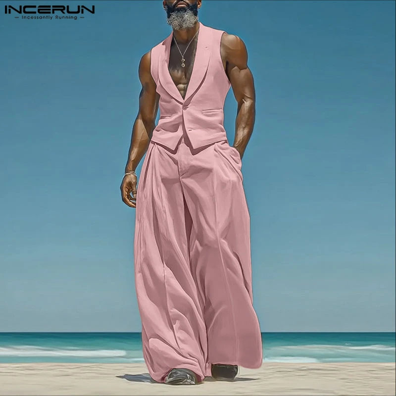 Men's Sleeveless Tank Top & Button-Fly Long Pants 2-Piece Set – Solid Color Streetwear