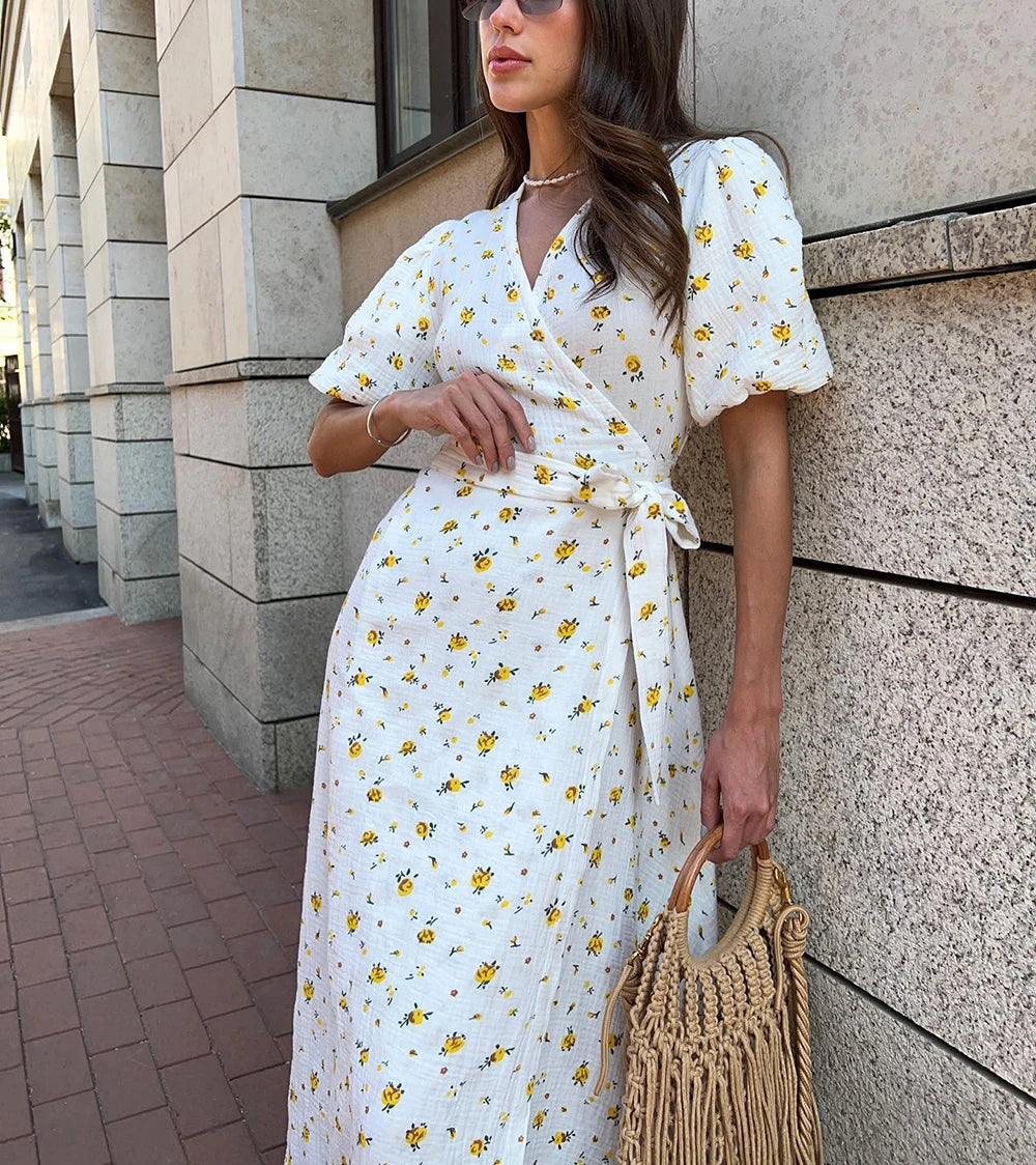 100% Cotton Floral A-Line Midi Dress — Elegant White Summer Dress with Side Slits