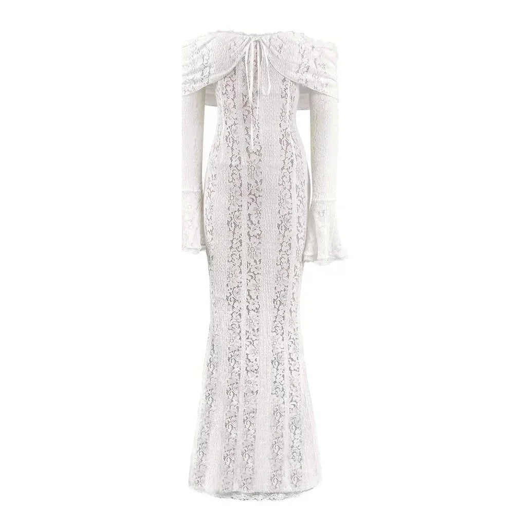 Elegant White Lace Evening Gown — Long Sleeve Wedding & Prom Dress