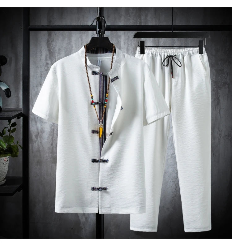 Men's 100% Cotton Linen Short Sleeve Shirt & Drawstring Pants Set