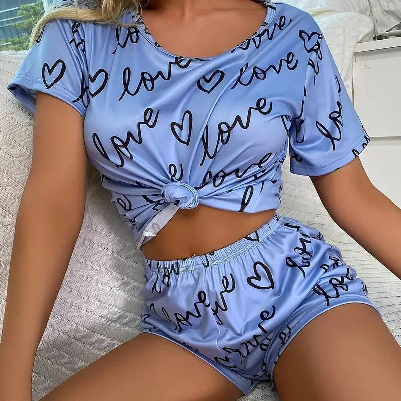 Cartoon Print 2-Piece Pajama Set — Short Sleeve Top & Pants