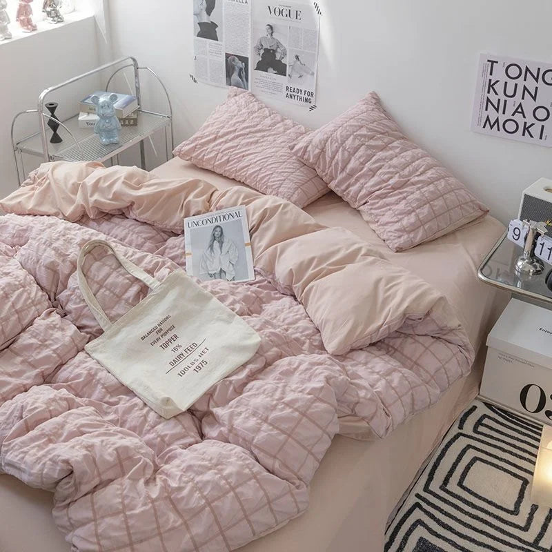 Girls Blue Seersucker Ruffle Bedding Set – Kawaii Soft Duvet Cover with Pillow Cases