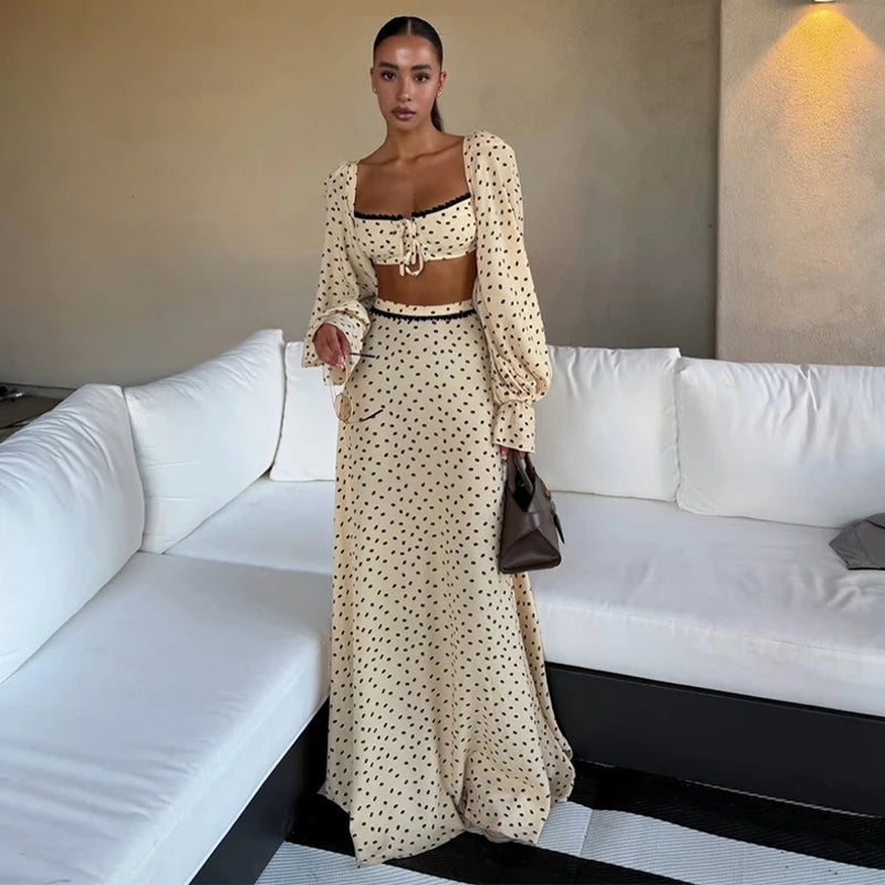 Polka Dot Puff Sleeve Crop Top & Maxi Skirt Set — Square Neck Tie-Front Vacation Outfit