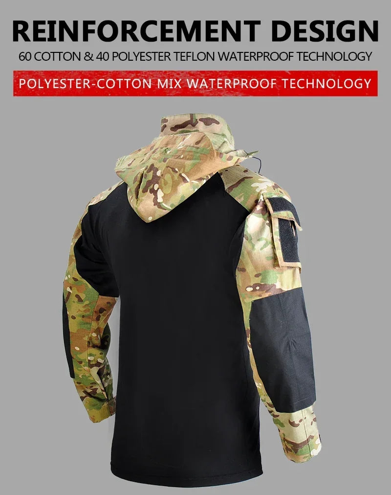 Men's Tactical Combat Suit – Camo Hooded Shirt & Cargo Pants with Pads