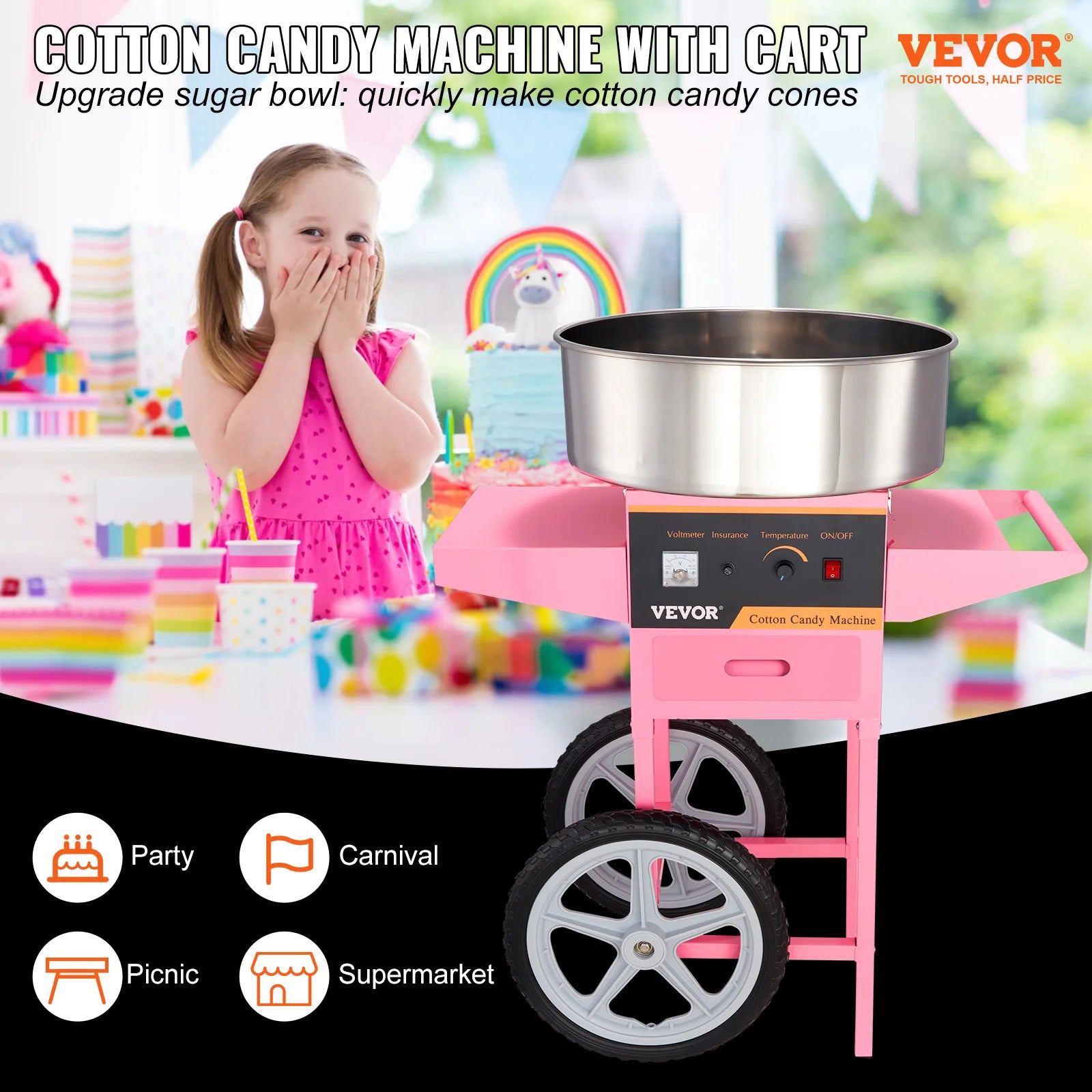 Commercial Cotton Candy Machine 1000W — Electric Floss Maker with Cart, Stainless Steel Bowl