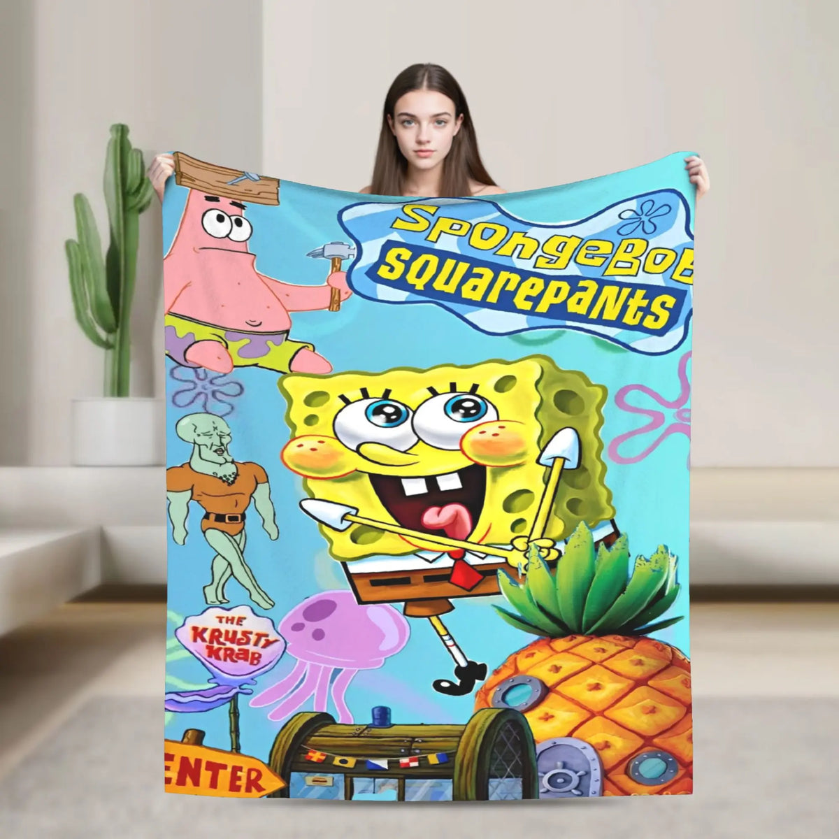 SpongeBob Flannel Throw Blanket – Soft Breathable Character Blanket for Bed, Lounge & Summer