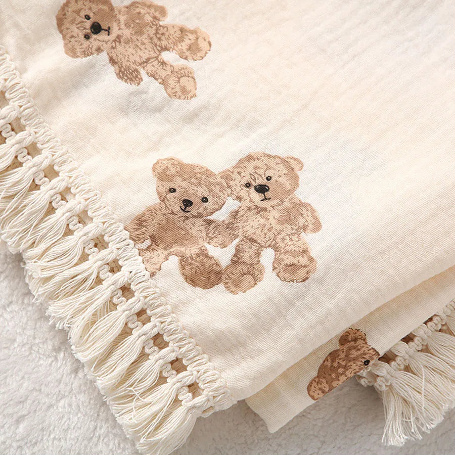 Cute Bear Muslin Cotton Baby Blanket – Plaid Infant Swaddle & Summer Comforter for Newborns
