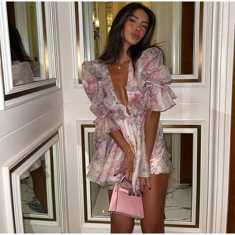 Tie-Dye 3D Flower Mini Dress — Deep V-Neck Flare Sleeve Holiday Dress