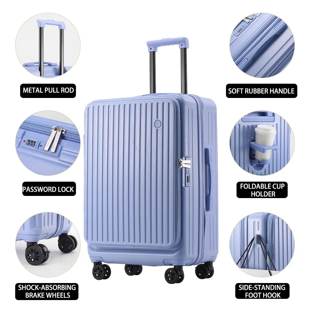 Expandable Front-Opening Suitcase – Cup Holder & Spinner Wheels