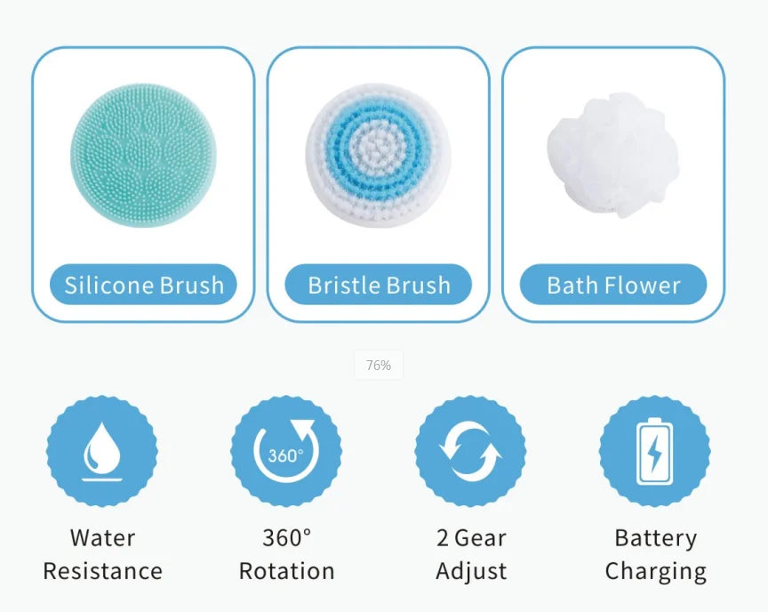 Electric Bath Brush with Long Handle – IPX6 Waterproof, 4 Replaceable Heads, Body Scrubber & Massager