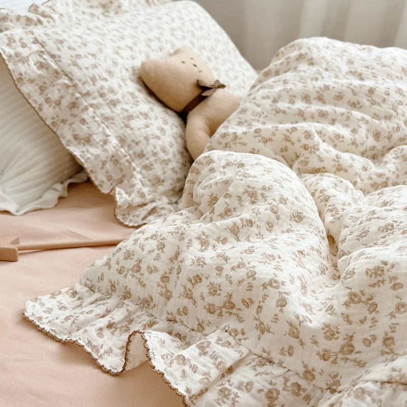 Princess Ruffle Bedding Set – 100% Cotton Gauze Duvet Cover with Pillowcases, Floral, 3-Piece