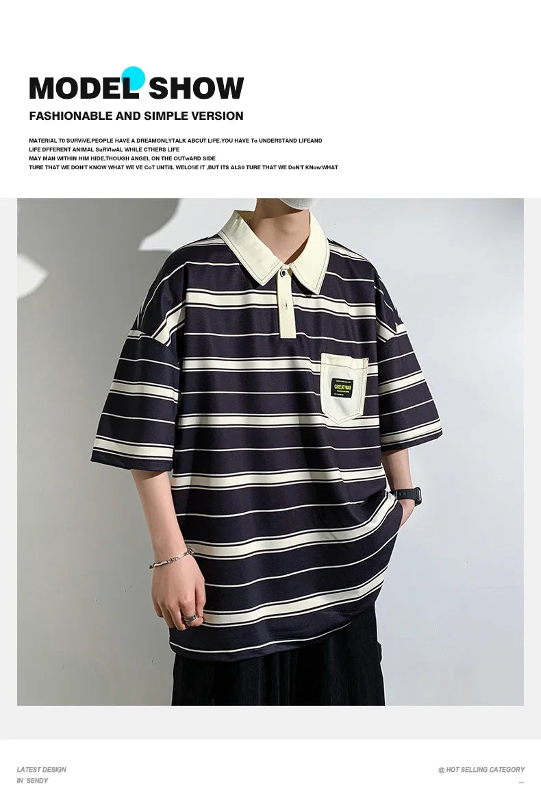 Men's Striped Polo Shirt — Loose Fit Short Sleeve Casual Summer Top