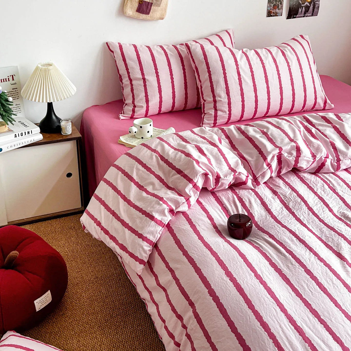 Pink Striped Duvet Cover Set – 3-Piece Soft Washed Cotton Bedding for Girls, 150x200cm
