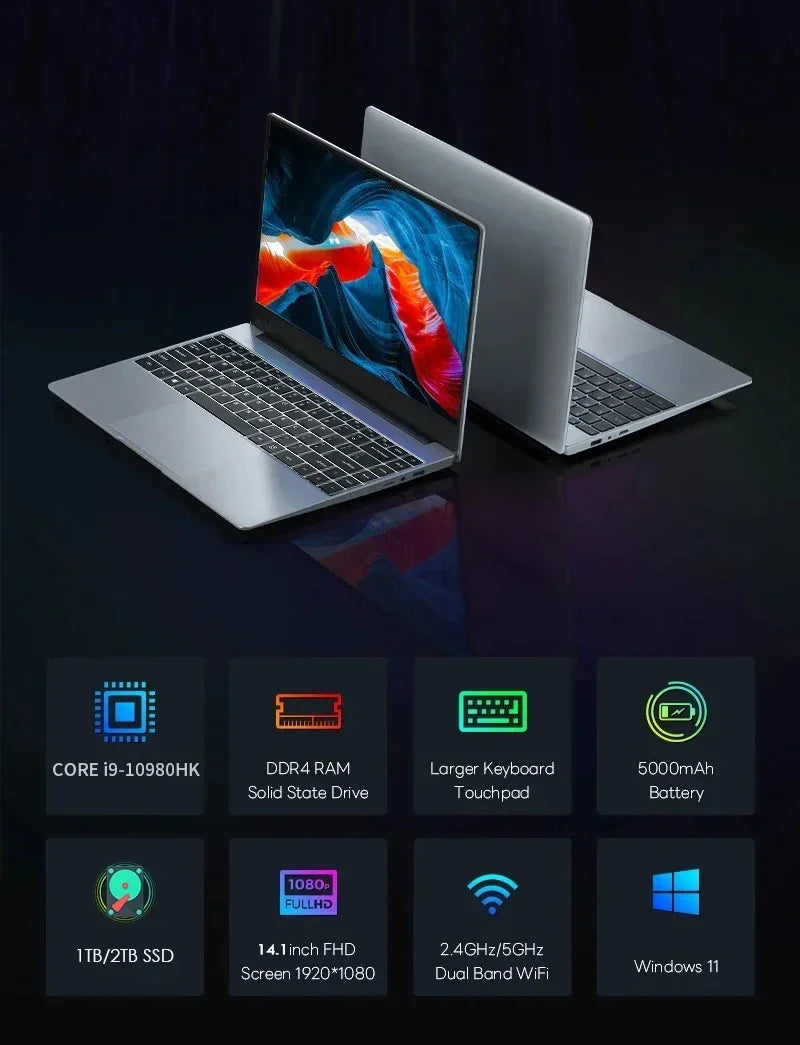 14.1" Intel Core i9-10980HK Laptop – 16GB DDR4, Up to 2TB SSD, Wi-Fi 6, Windows 11 Pro