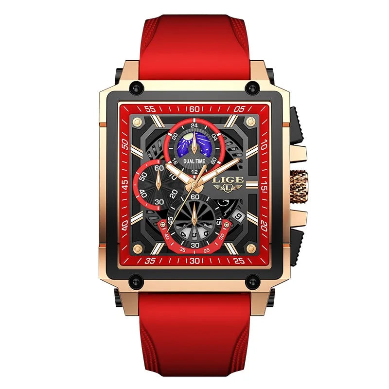 LIGE Men's Hollow Square Sport Watch | Fashion Silicone Strap Waterproof Quartz Wristwatch with Box