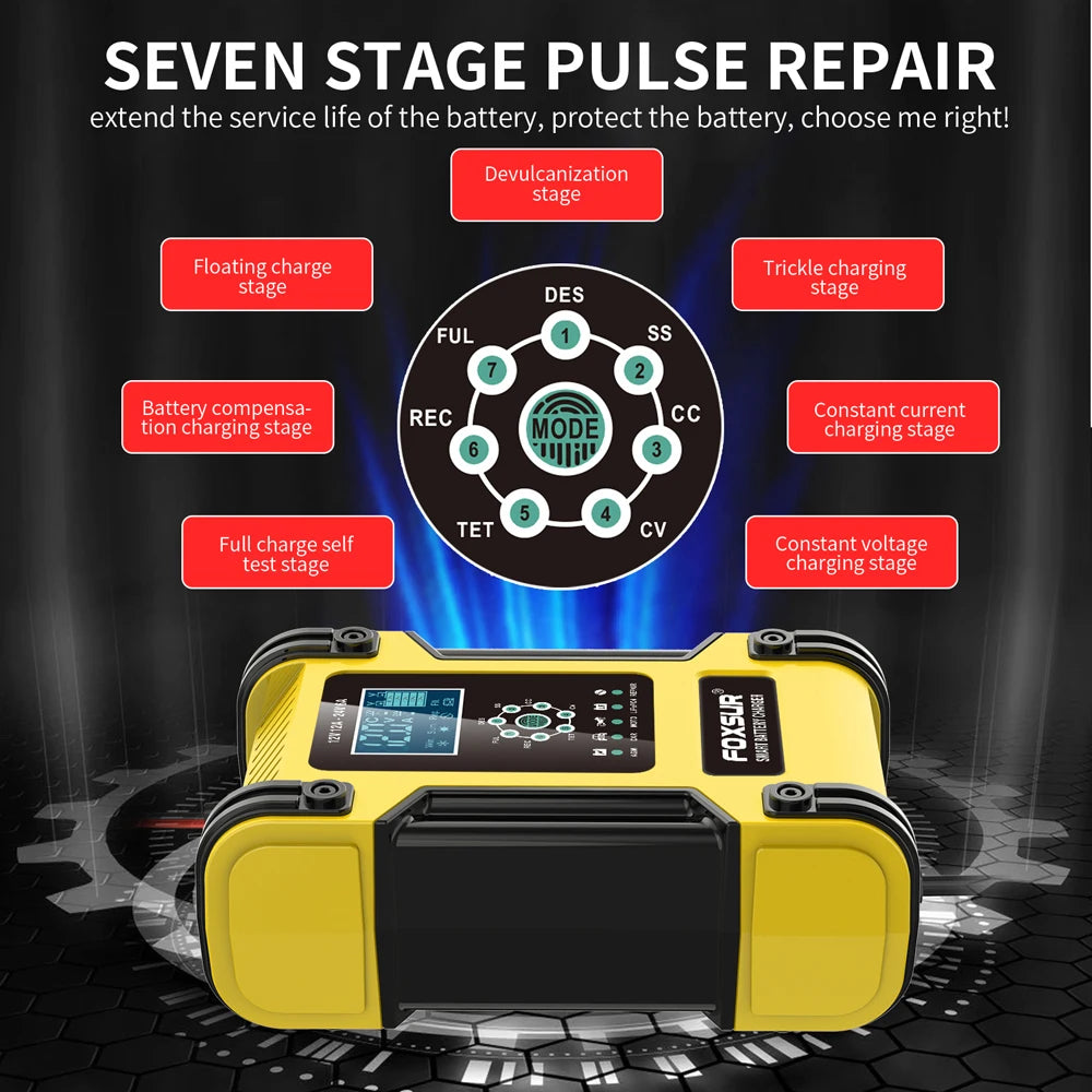 Foxsur Automatic Car Battery Charger 12V 12A – Digital Display Pulse Repair for Wet Dry Lead Acid Batteries