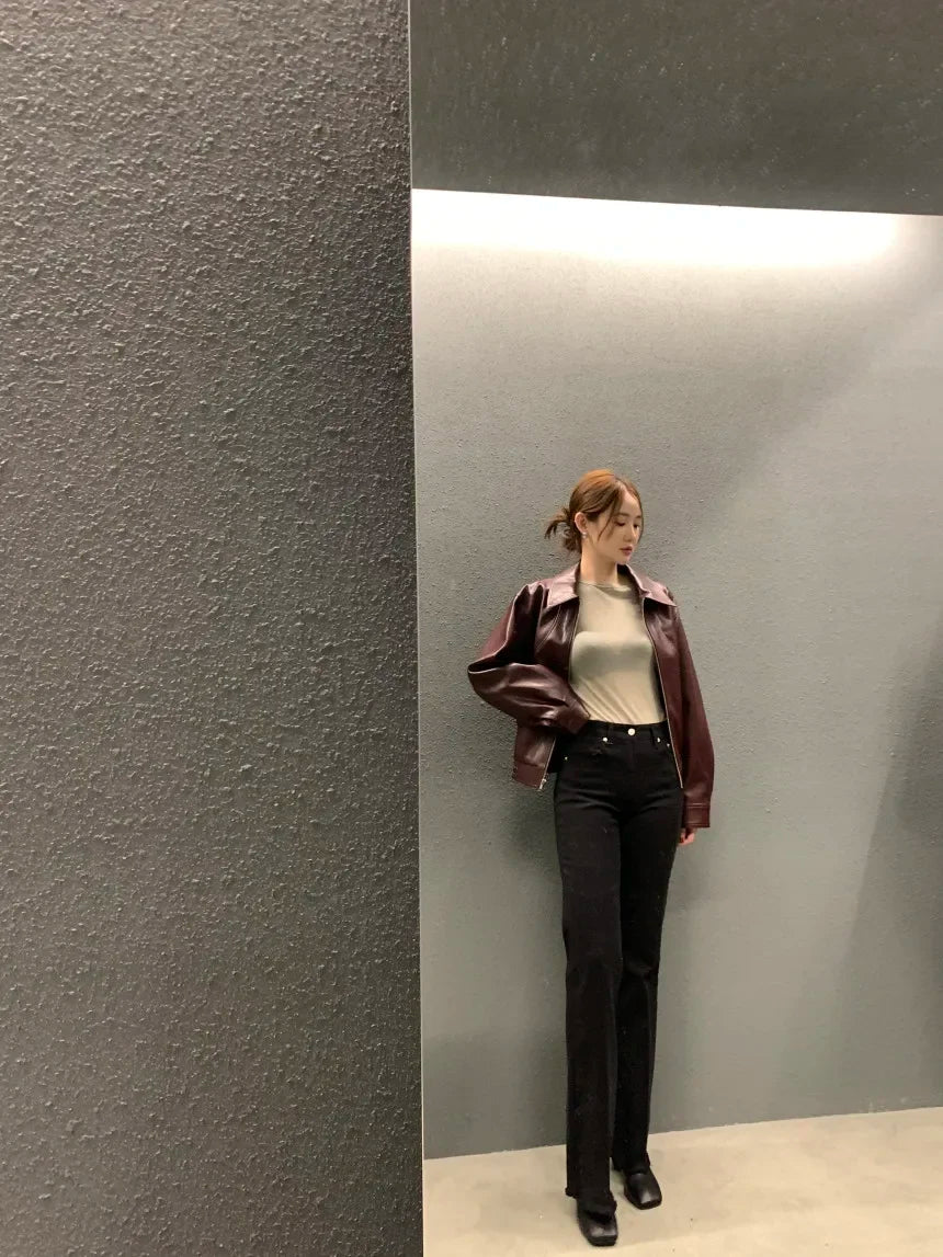 Women's Cropped Faux Leather Jacket – Lapel Zip Front