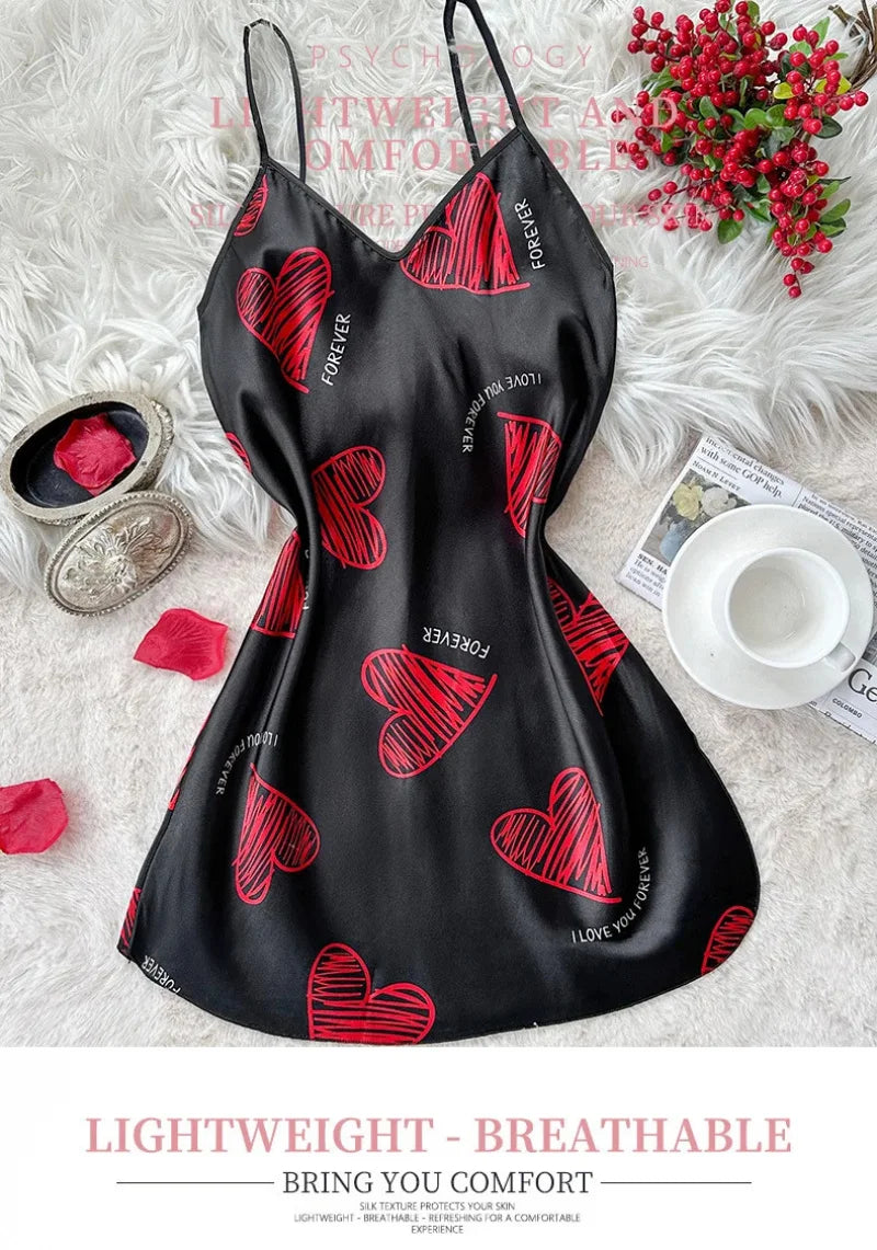 Red Lip Print Satin Slip Nightdress — V-Neck Backless Mini Sleep Dress
