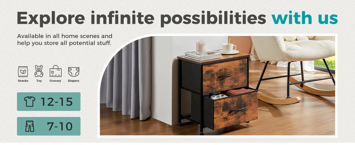 JHK Nightstand & Bedside Table – 2 Fabric Drawers, Storage Cabinet for Bedroom, Coffee & Sofa Side Table