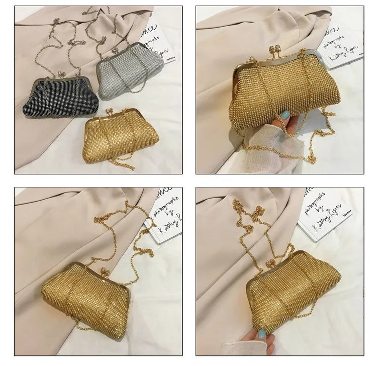 Golden Metal Bow Evening Clutch Bag – Shiny Bridal Chain Shoulder Bag for Wedding & Party