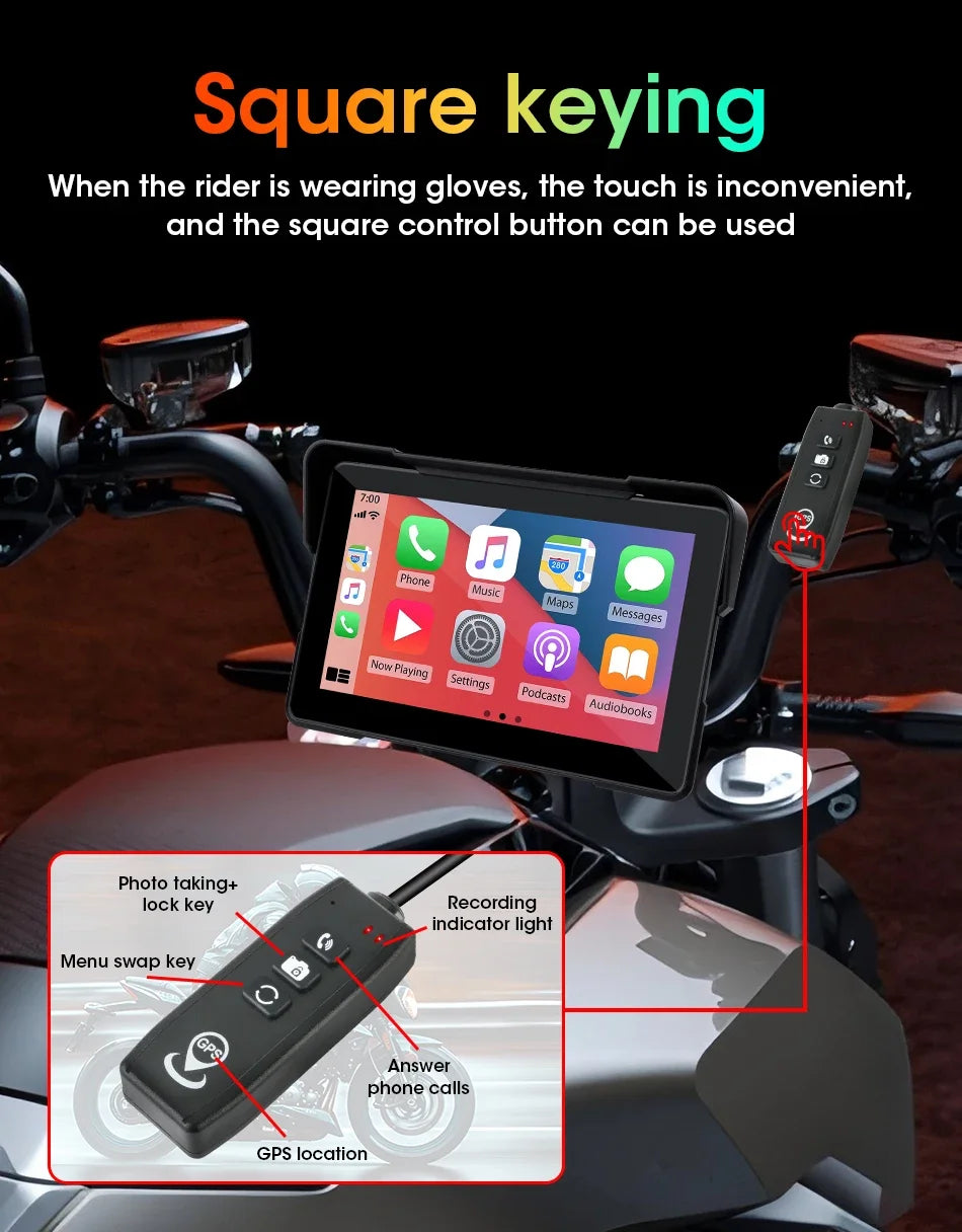 5"/7" Motorcycle CarPlay Screen – Wireless CarPlay & Android Auto, GPS Navigation, Dual Bluetooth, IPX7