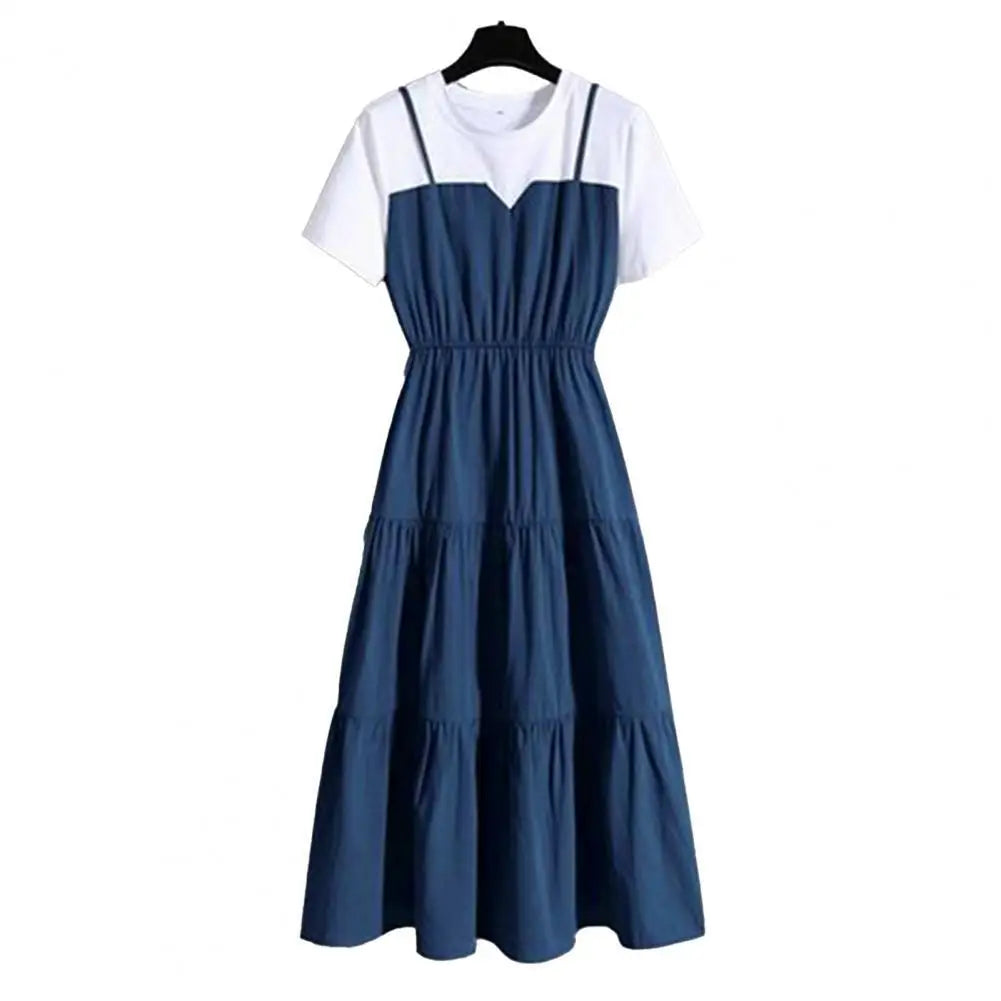 Women's Fake Two-Piece Color Block Summer Dress – Short Sleeve Waist Tight Strap Dress