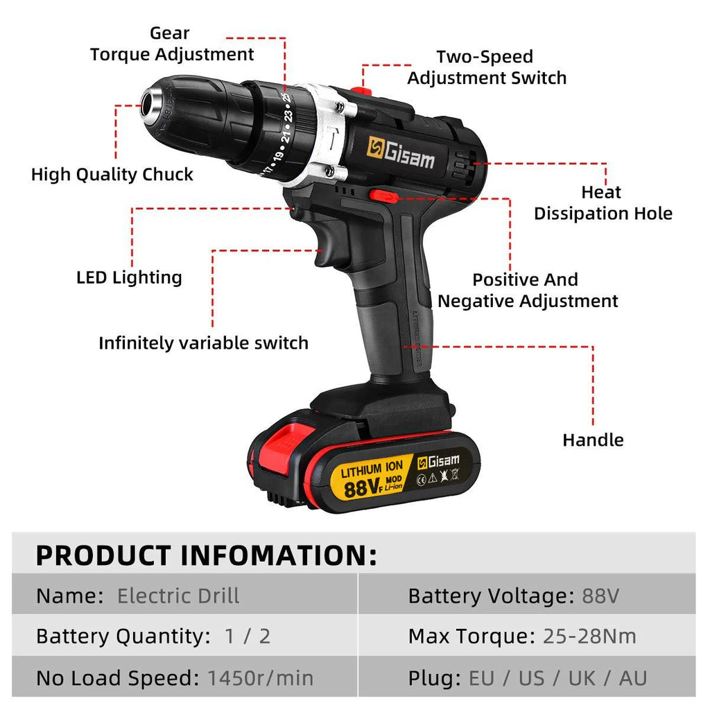 21V Cordless Impact Drill — 25+3 Torque Settings, LED Light & Drill Bits Set Included
