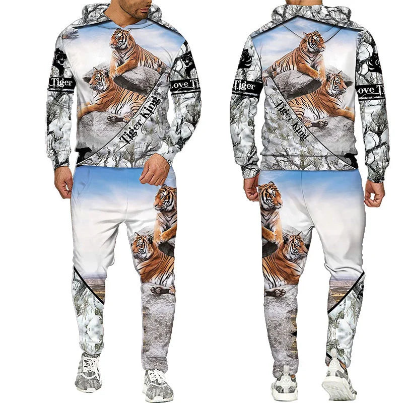 Men's 3D Tiger Print Hoodie & Pants Tracksuit Set – 2-Piece Sportswear