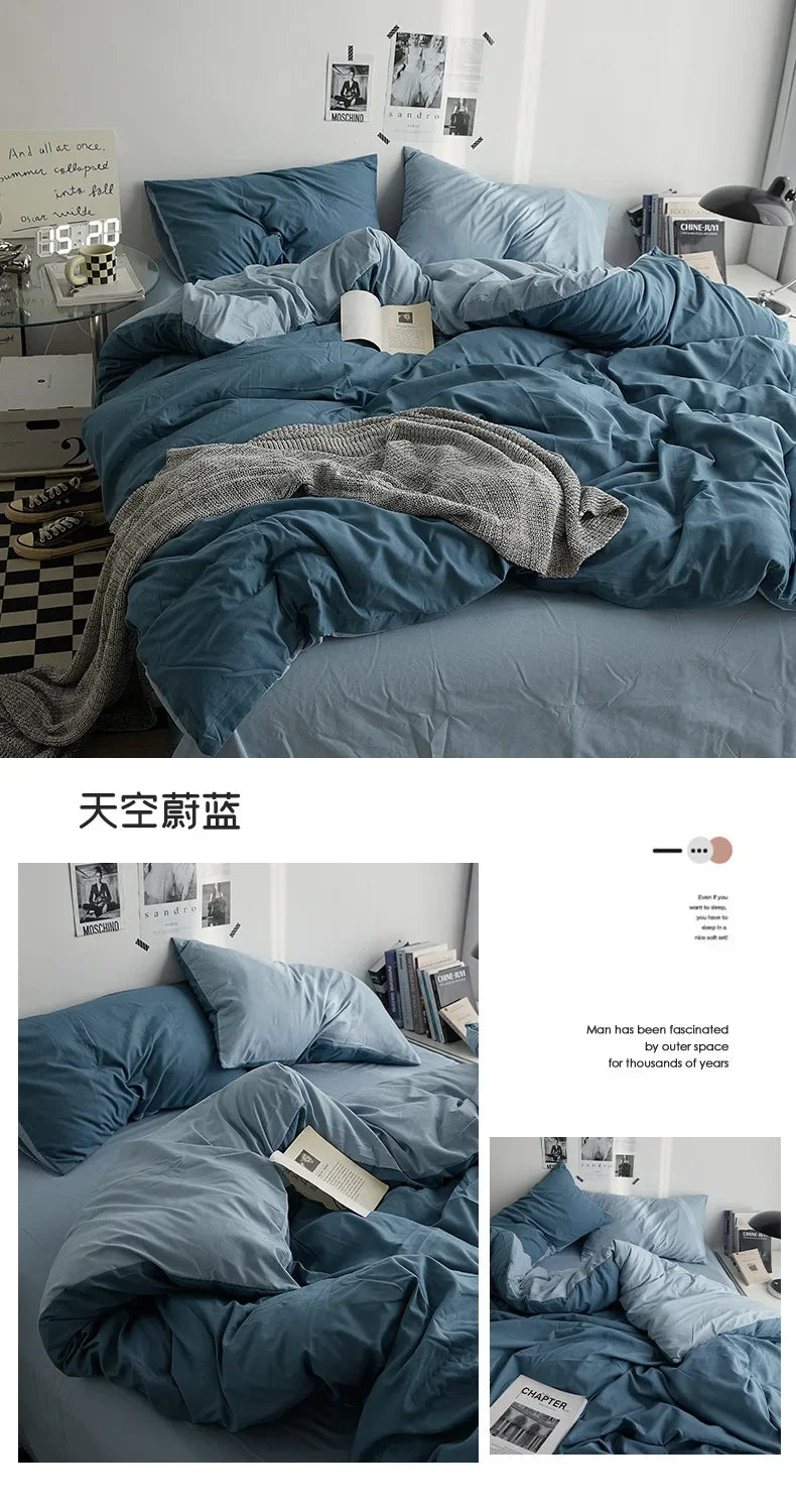 Solid Color Washed Cotton Bedding Set – 4-Piece Duvet Cover, Bed Sheet & Pillowcases, Twin to King