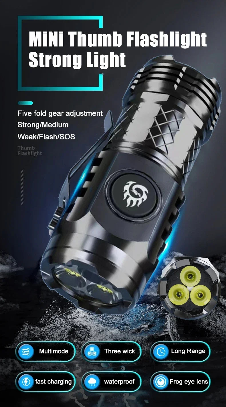 High Power LED Flashlight – Built-In Rechargeable Battery, Pen Clip Torch for Camping & Emergency Use