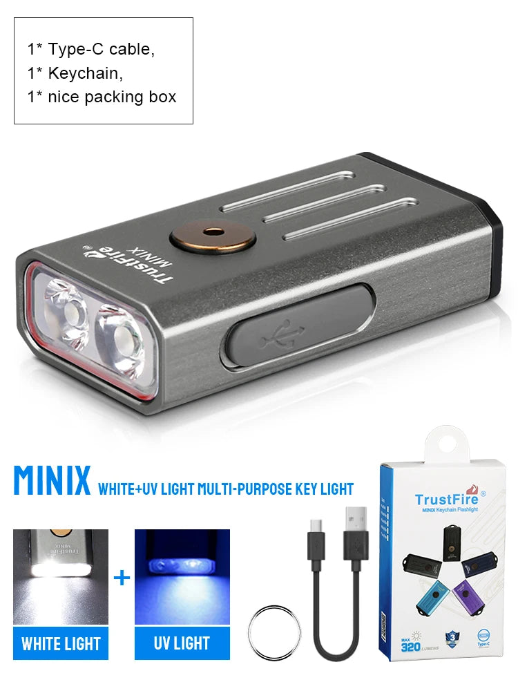 TrustFire MINIX – 320 Lumen Dual-Source Keychain EDC Flashlight, White + UV/Red, Type-C, IP66, Memory Mode