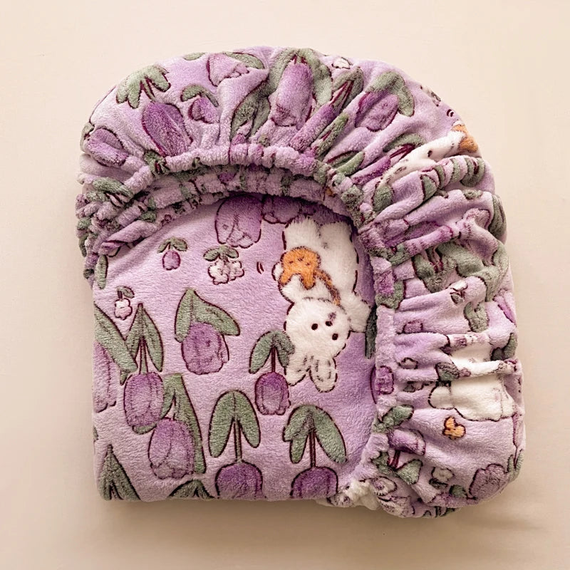 Flannel Fleece Fitted Bed Sheet – Warm Cartoon Purple, Elastic Single to King, Winter Bedsheet