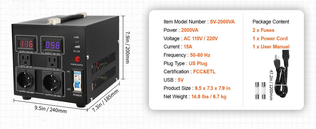 Heavy Duty Voltage Converter Transformer — 2000VA/3000VA/5000VA Step Up/Down, US & EU Outlets