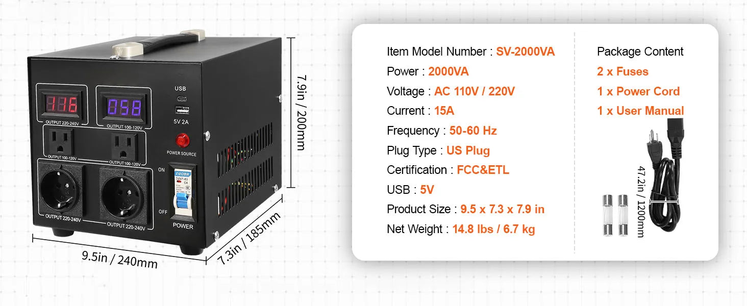 Heavy Duty Voltage Converter Transformer — 2000VA/3000VA/5000VA Step Up/Down, US & EU Outlets