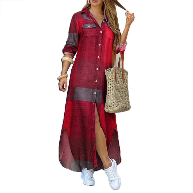 Lapel Literary Print Long Shirt Skirt Dress — Loose Single-Breasted Casual Women's Dress