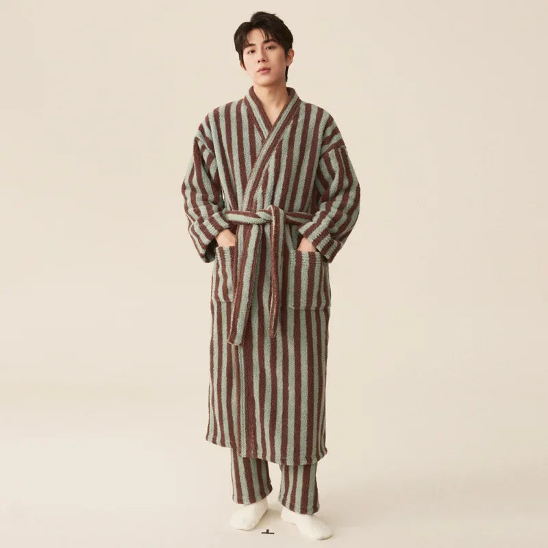 Thickened Flannel Robe & Pants Pajamas Set | Couple Coral Velvet Striped Bathrobe Homewear