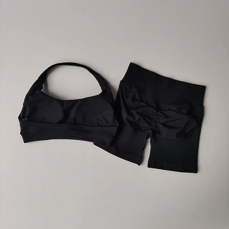 Halter Neck Sports Bra & High-Waist Shorts Yoga Set — Women’s Activewear