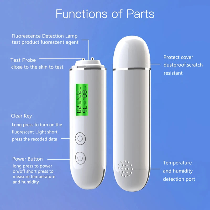 LCD Skin Moisture & Oil Analyzer Pen – Fluorescent Agent Detector, Elasticity & Skin Age Tester