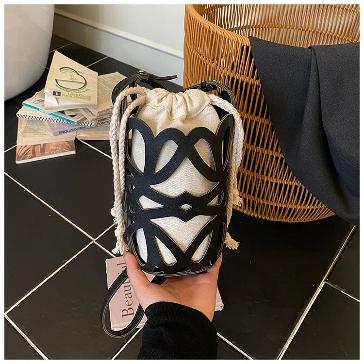 Brilliant Fish Hollow Out Drawstring Mini Bucket Crossbody Bag – Adjustable Strap Shoulder Bag for Women