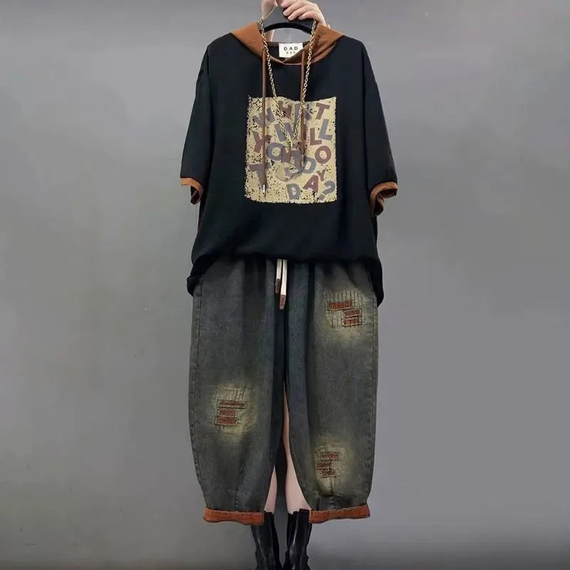 Women's Loose Plus Size Denim Jeans Two-Piece Set | Hooded Printed Casual Fashion Suit