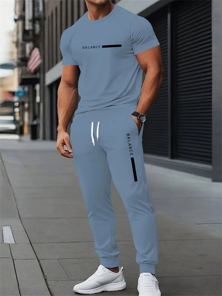 Men's Letter Print Round Neck Short Sleeve & Drawstring Long Pants Plus Size 2-Piece Outfit