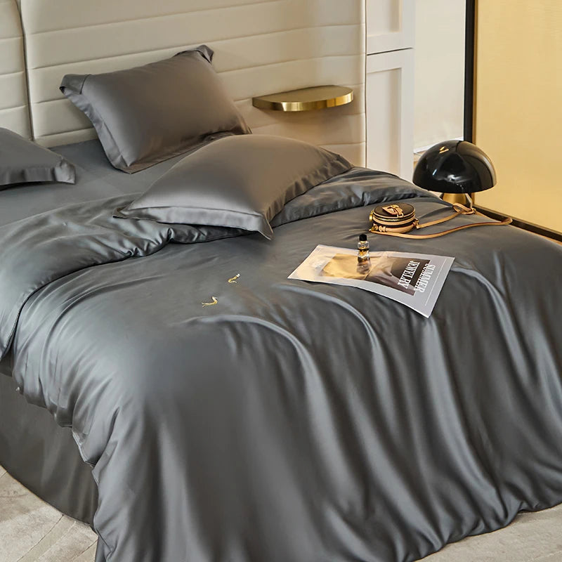 600TC Lyocell Bedding Set – Silky Soft Duvet Cover with Bed Sheet & Pillowcases, 13 Colors & 6 Sizes