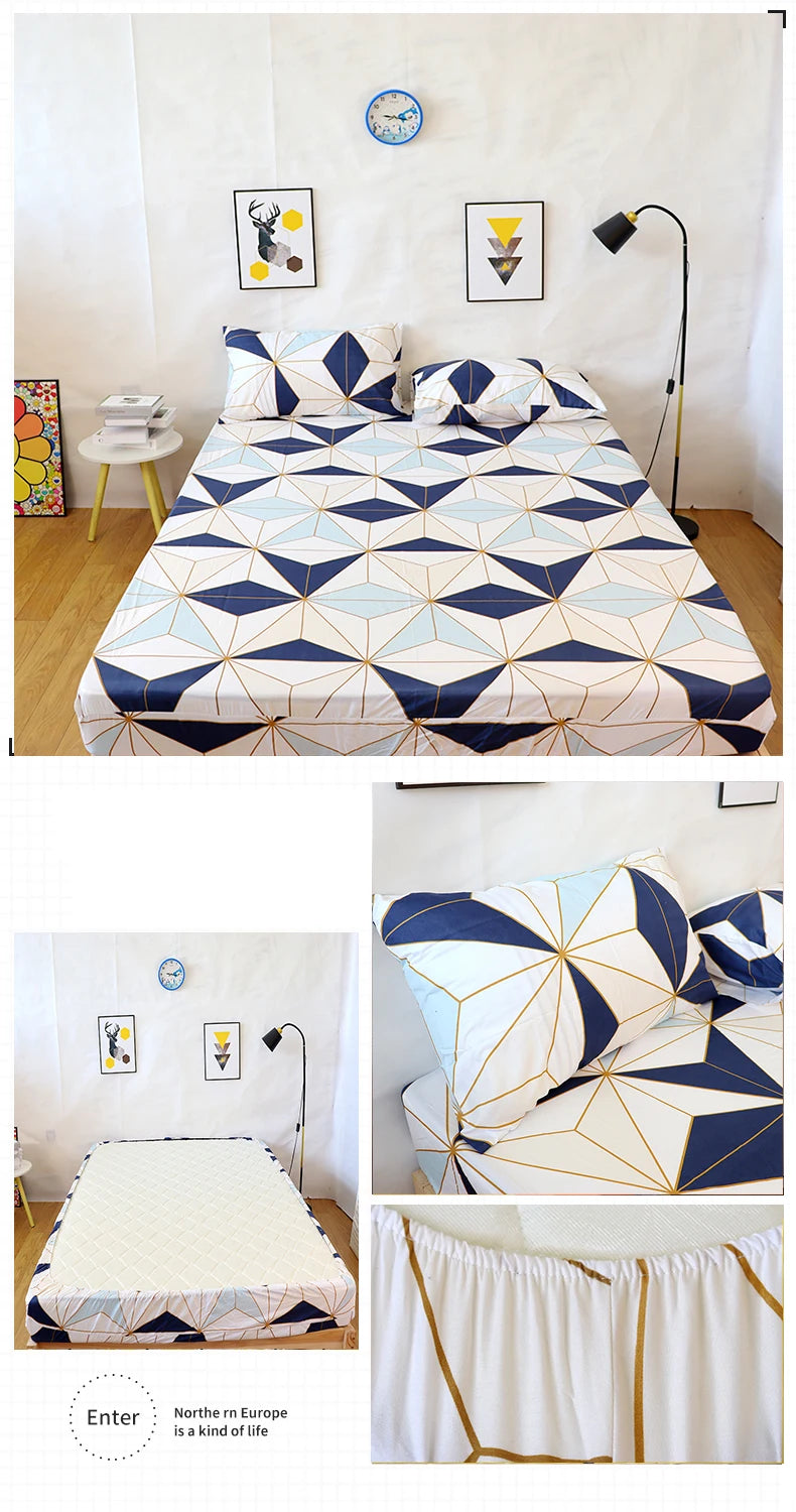 Marble Print Fitted Bed Sheet – Elastic Band, Single to King, All-Around Bed Cover