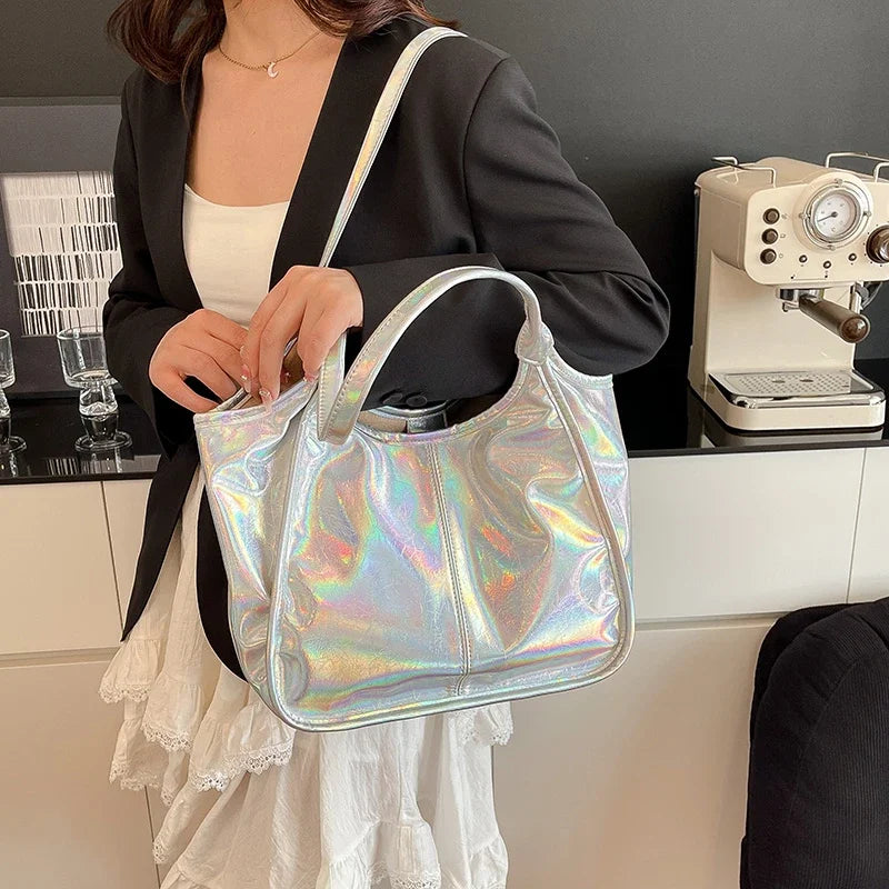 Silver TPU Large Capacity Tote Bag – Luxury Business Shoulder Handbag for Women